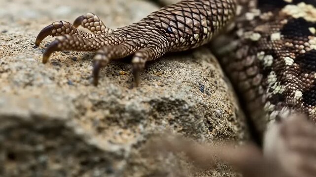 Close up of a lizards claw gripping a textured rock surface.