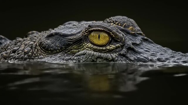 Close up of a crocodile eye emerging from dark water with reflection.