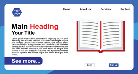 Obraz premium Clean Education Website Template Mockup with Minimalist Layout and Central Open Book Illustration, Ideal for Online Learning Platforms and Academic Institutions