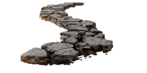 A winding path, constructed of weathered stone slabs, appears to float against a black background