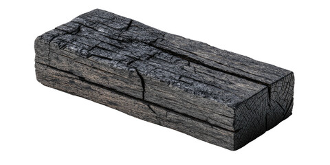 Fototapeta premium A weathered and charred rectangular wooden beam, with visible cracks and grain, isolated on black