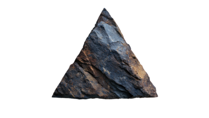 A triangular piece of gray, textured rock against a stark, black background