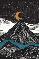 Beautiful night landscape with mountains and moon in lineart style