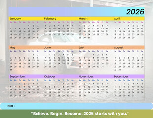 A full year 2026 calendar featuring a blurred image of a white sports car