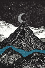 Beautiful night landscape with mountains and moon in lineart style