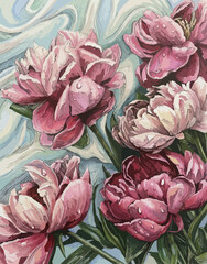 Pink and red peonies illustration. Stylized digital painting with gouache texture look. Vector style floral art. Colorful botanical drawing of lush peonies for wall art or greeting cards.