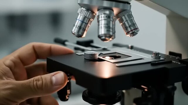 Close up of scientist hands adjusting microscope slide for research.