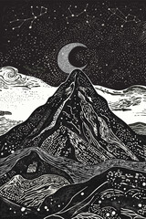 Beautiful night landscape with mountains and moon in lineart style