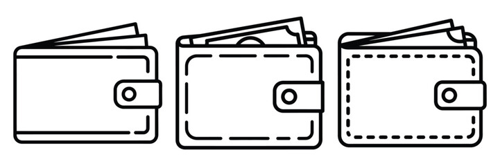 business wallet outline stroke vector icon set. black color and white background