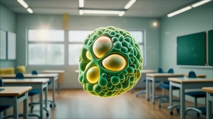 Vivid representation of a complex cellular organism suspended mid-air in a vacant classroom, illustrating scientific inquiry and the vital role of biology in education