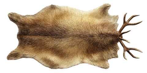 A realistic depiction of an animal hide with antlers, resting on a stark black background