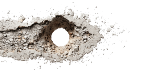 Close-up of a damaged surface featuring a dark hole surrounded by textured, grey material