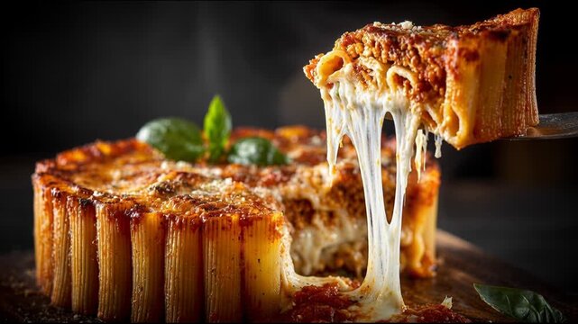 Baked rigatoni pie slice lifted with gooey cheese pull on rustic board, appetizing