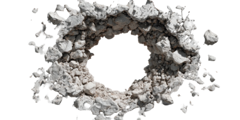 A ring of fragmented stone, showcasing a hole in the center with an isolated black background