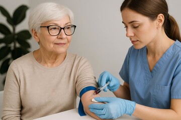 Obraz premium Nurse drawing blood from senior woman during a medical check-up in clinic.