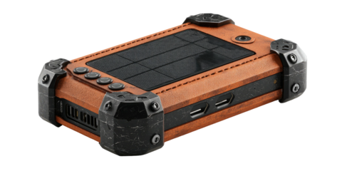 Rugged, rectangular device featuring a solar panel, buttons, ports, and corner protectors, on black background
