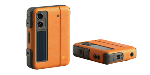 Two orange and black electronic devices are displayed, one standing and the other lying down