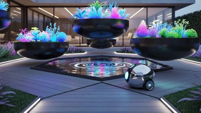 Futuristic garden with glowing plants and a robot exploring a reflective pool