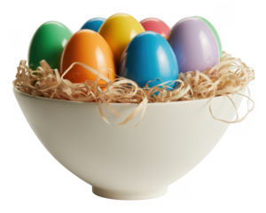 Colorful eggs in a white bowl on straw isolated on a transparent background