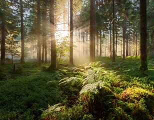 Obraz premium an image of a tranquil forest bathed in morning light light mist seeping through the trees ground covered in a carpet of moss and ferns dewdrops on spider webs nature s perfect symmetry
