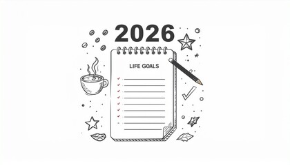 Chalkboard Vector Background: "NEW BEGINNINGS 2026" and Coffee Doodle.