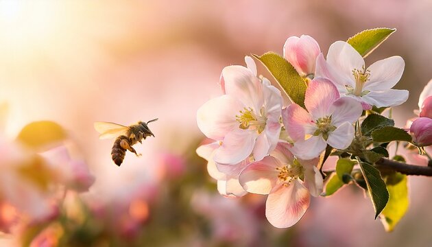 the apple blossom branch with hovering bee in soft pink spring sunlight