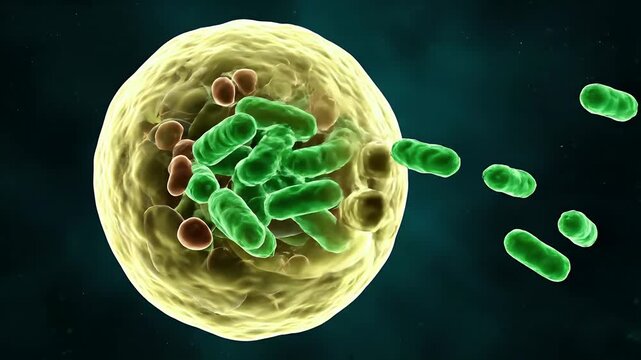 Phagocytosis Process - Macrophage Engulfing Bacteria in Microscopic View.