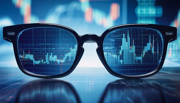 the glasses reflecting stock market charts symbolizing financial analysis and digital vision - Powered by Adobe