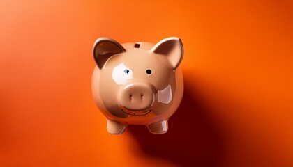 the piggy bank on a vibrant orange background casting a soft shadow