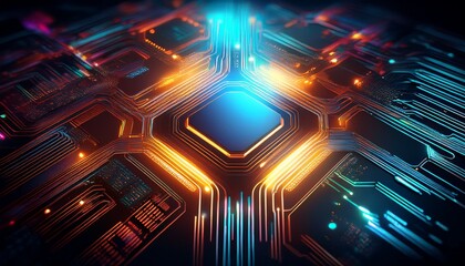 high tech microchip with glowing circuitry on a dark background