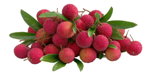 A cluster of small, vibrant red fruits with textured surfaces and green leaves on black background