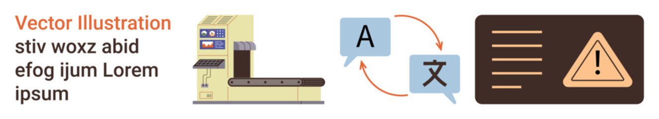 Language translation, automation, technology, error detection, workflow systems, quality control. Conveyor belt, speech bubble symbols warning icon. Language translation and automation concept