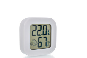 One digital room thermometer, close-up, isolated on white background.