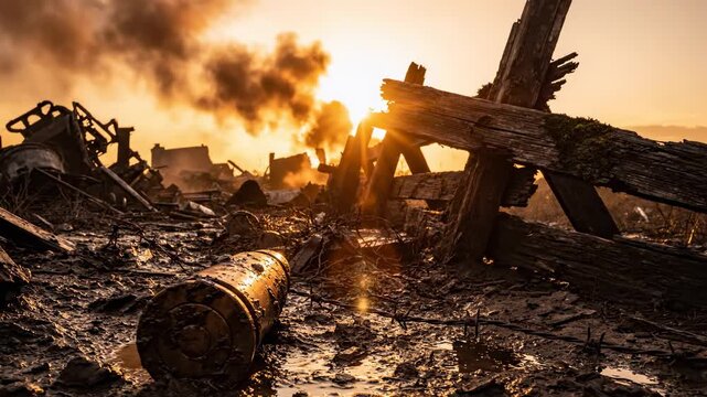 Atmospheric golden hour cinematic shot focused on a muddy, abandoned antique artillery shell casing resting near a decayed wooden barricade in the war-torn ground destruction, prop, sunset