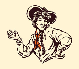 Lively cowgirl character waving and smiling with braided hair and western fashion in vintage line style.