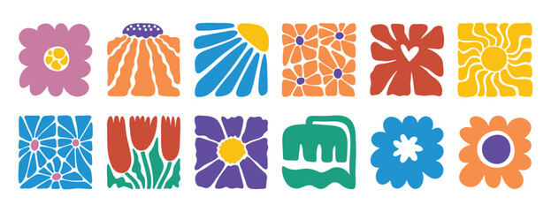 hand drawn poster abstract flowers groovy retro style. floral square botanical icon. freehand naive bright 70s style 