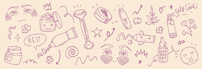 Self-Love Beauty  Doodle Set – Hand-Drawn Skincare Doodles in Minimal Emotional Wellness Style: Creams, Serums, Rollers, Patches, Masks, Sprays and Cute Self-Care Elements for Stickers and Branding.