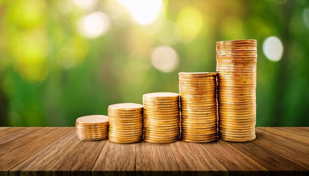 the gold coins stacked on wooden surface with green bokeh background