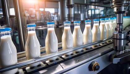 bottles being filled with fresh milk on an automated production line in a dairy processing facility