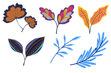 Collection of stylized tropical and abstract botanical leaves isolated on transparent background