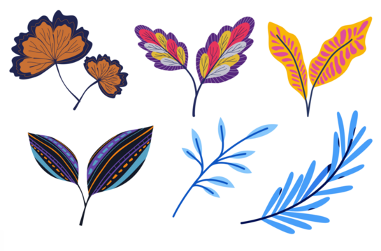 Collection of stylized tropical and abstract botanical leaves isolated on transparent background - Powered by Adobe