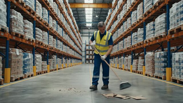Warehouse worker sweeping spilled material on a concrete floor between tall storage racks