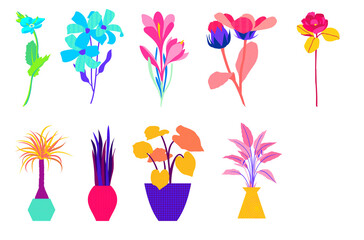 Collection of colorful, stylized flowers and potted plants in vibrant hues isolated on transparent background