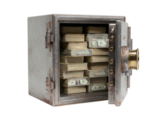 A weathered safe door open revealing stacks of cash inside against a dark background