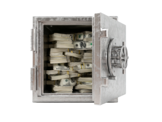 A steel safe, door ajar, overflowing with stacks of United States currency. Bank vault