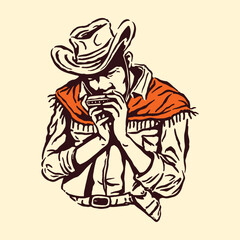 Focused cowboy playing a harmonica, eyes down, captured in dramatic retro line style with textured detail.