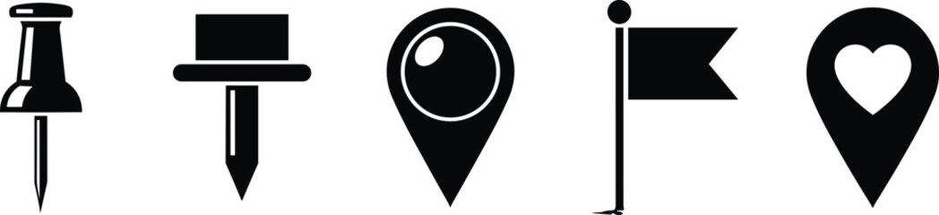 Set of map location pin icons including push pins, marker symbols, navigation flag and heart map point in simple black silhouette