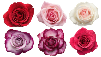 Six vibrant rose blossoms, showcasing a range of colors and intricate petal details against black