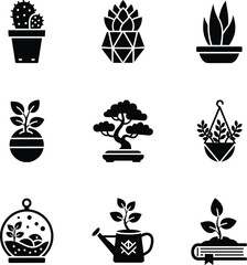 Set of Potted Plant and Gardening Icons in Black Silhouette