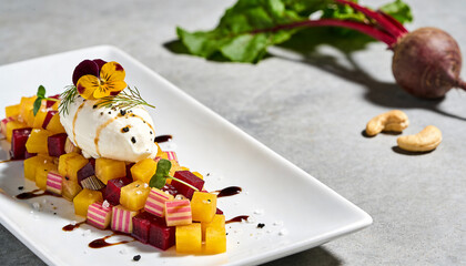 Obraz premium Heirloom Beetroot Tartare with Cashew Cheese | Vegan Fine Dining